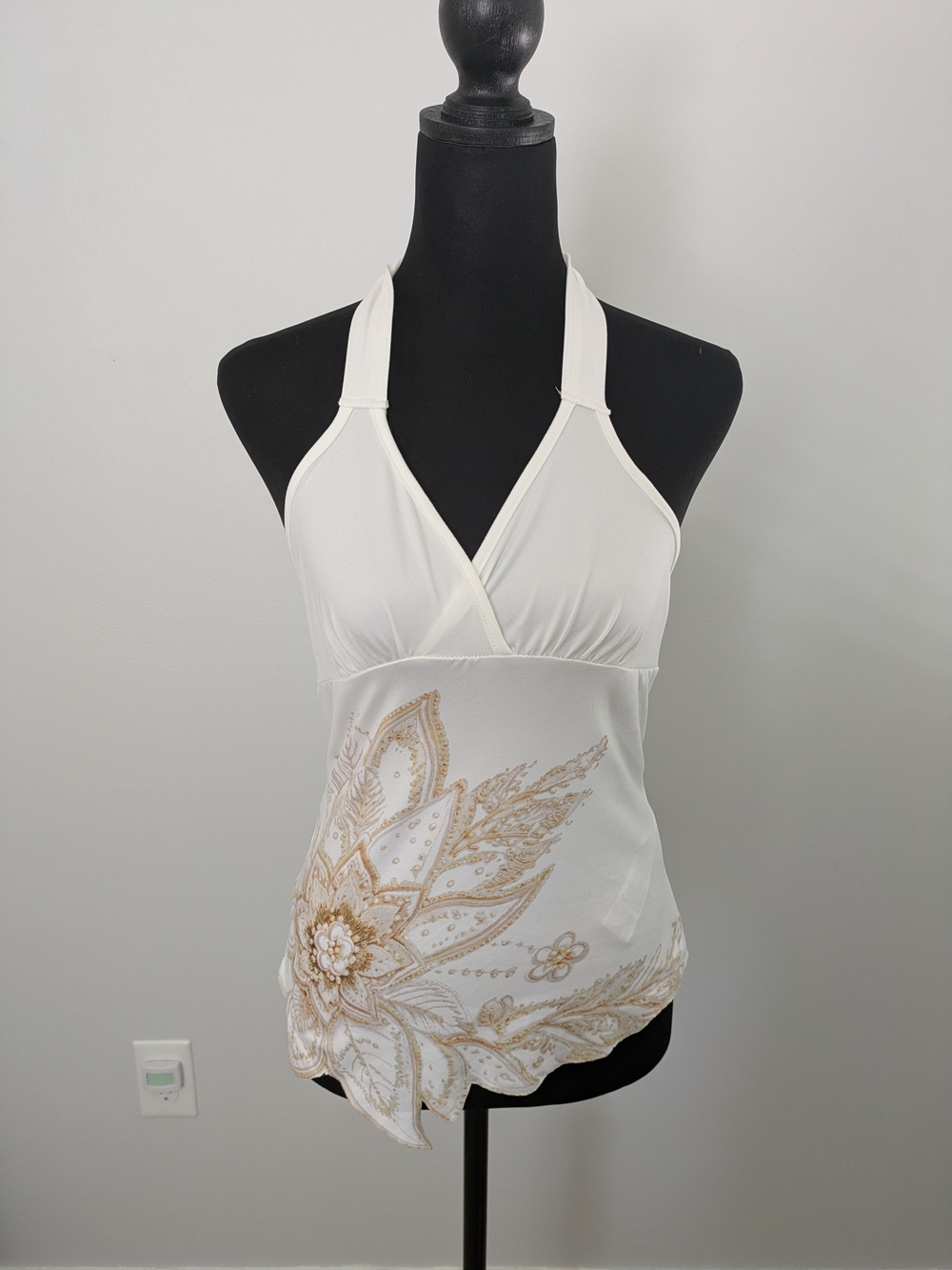SHEIN White Halter Tank with Gold Floral Design Size M Irregular Hem Detail